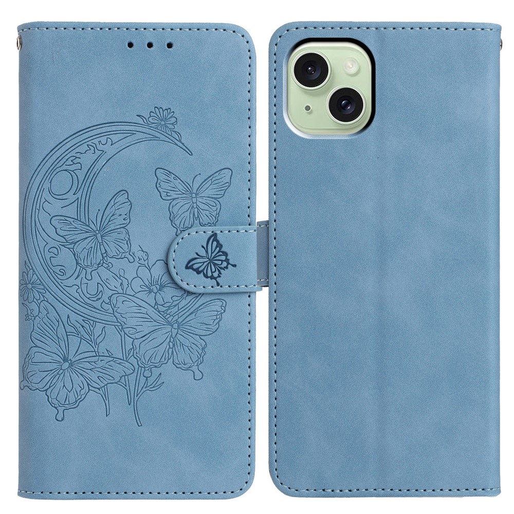For iPhone 15 Case Butterfly Flower Imprinted PU Leather Wallet Stand Phone Cover - Sky Blue