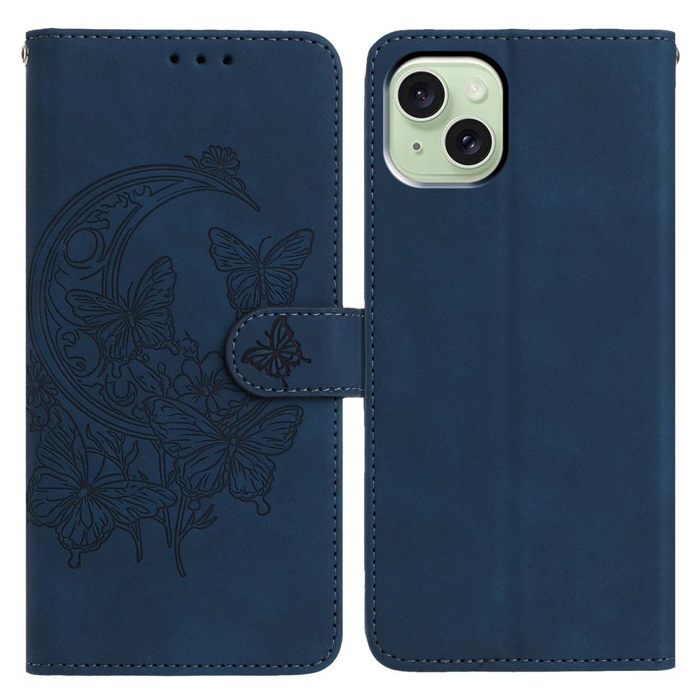 For iPhone 15 Case Butterfly Flower Imprinted PU Leather Wallet Stand Phone Cover - Blue