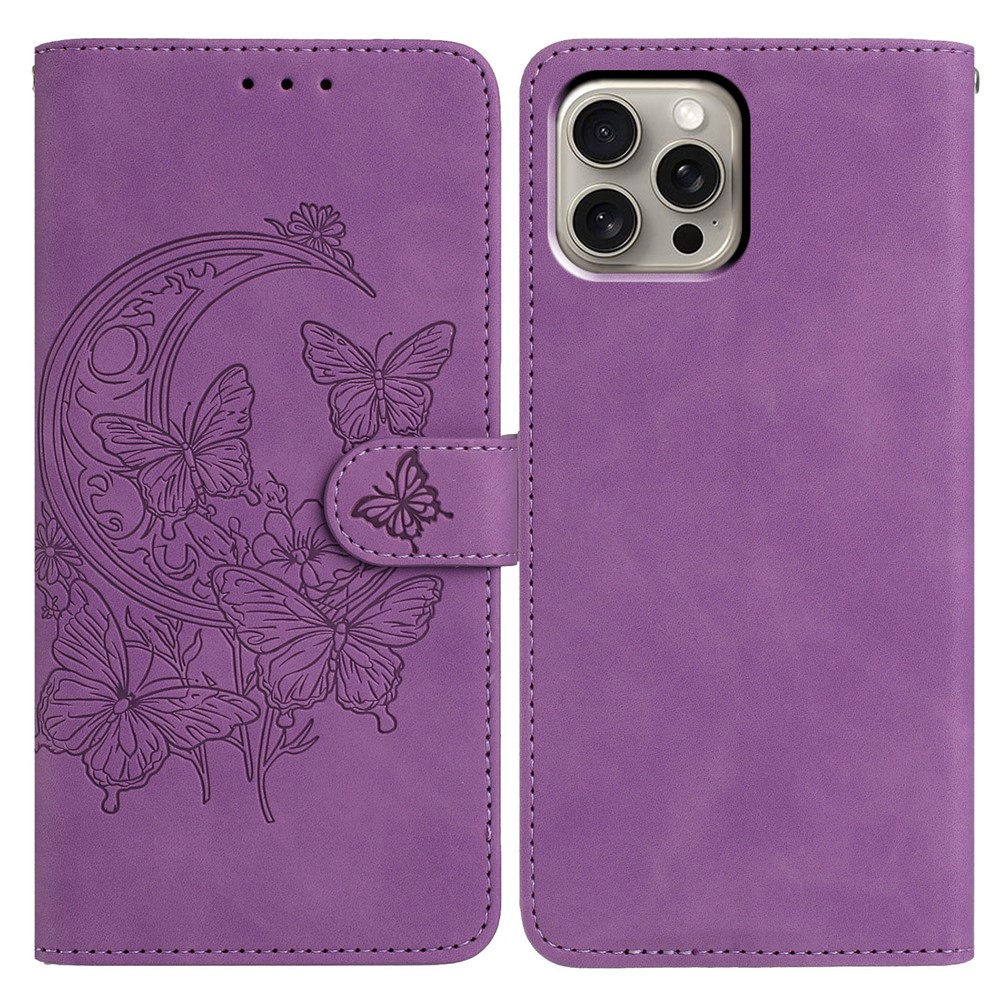For iPhone 15 Pro Case Butterfly Flower Imprinted PU Leather Wallet Stand Phone Cover - Purple