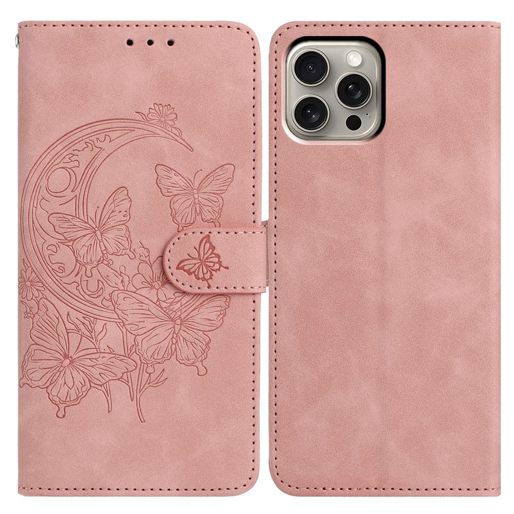 For iPhone 15 Pro Case Butterfly Flower Imprinted PU Leather Wallet Stand Phone Cover - Rose Gold