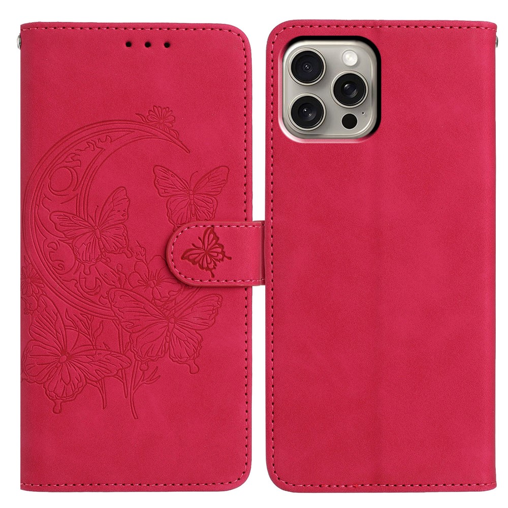 For iPhone 15 Pro Case Butterfly Flower Imprinted PU Leather Wallet Stand Phone Cover - Rose