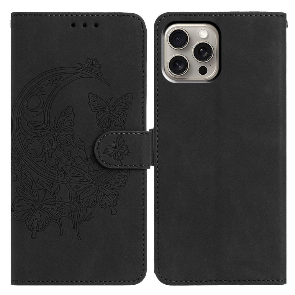 For iPhone 15 Pro Case Butterfly Flower Imprinted PU Leather Wallet Stand Phone Cover - Black