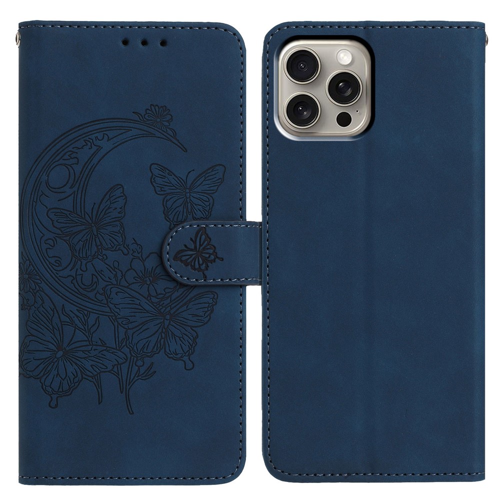 For iPhone 15 Pro Case Butterfly Flower Imprinted PU Leather Wallet Stand Phone Cover - Blue