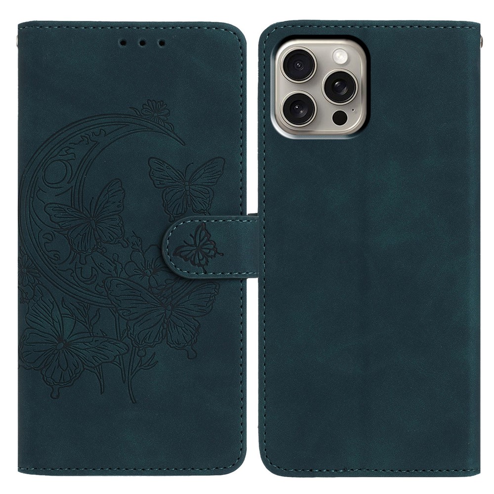 For iPhone 15 Pro Max Case Butterfly Flower Imprinted PU Leather Wallet Stand Phone Cover - Green
