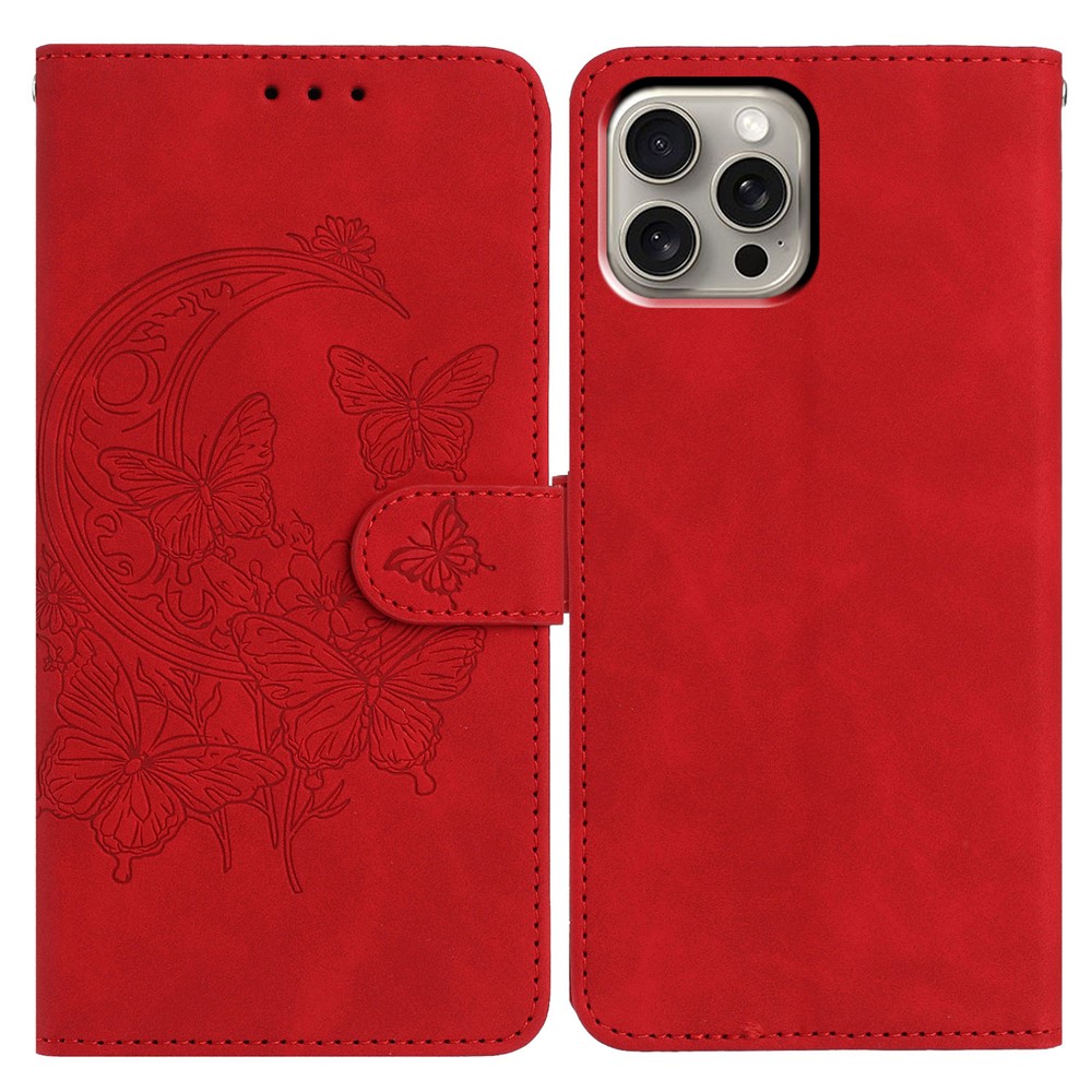 For iPhone 15 Pro Max Case Butterfly Flower Imprinted PU Leather Wallet Stand Phone Cover - Red