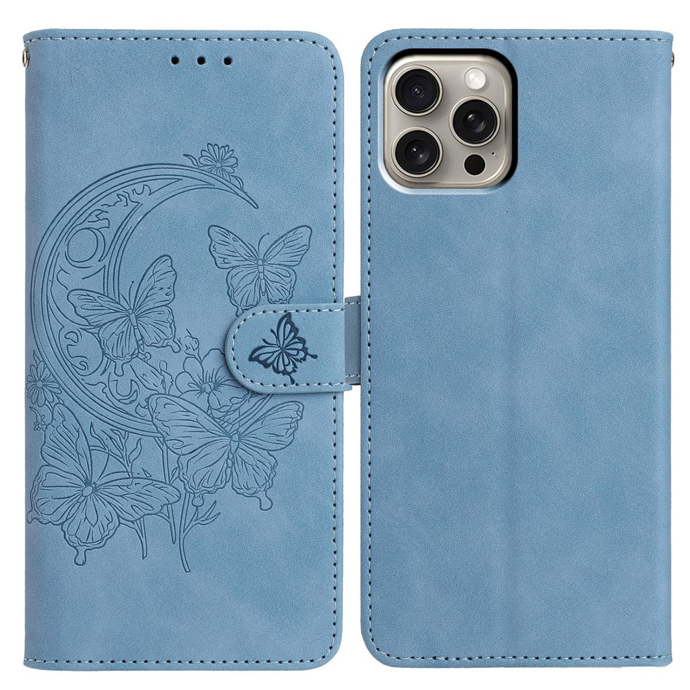 For iPhone 15 Pro Max Case Butterfly Flower Imprinted PU Leather Wallet Stand Phone Cover - Sky Blue