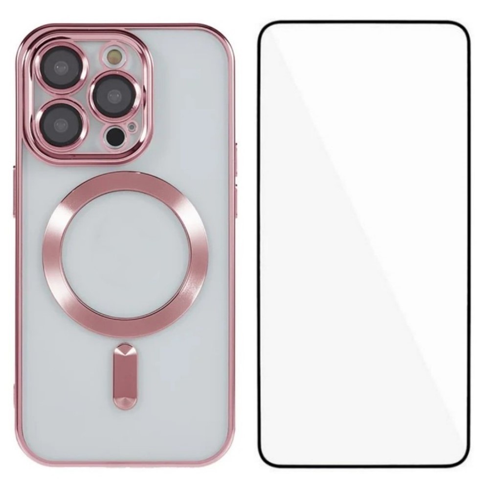 For iPhone 14 Pro Max Magnetic Case WANLONFENG Full Protection Electroplated TPU Cover with Tempered Glass - Pink
