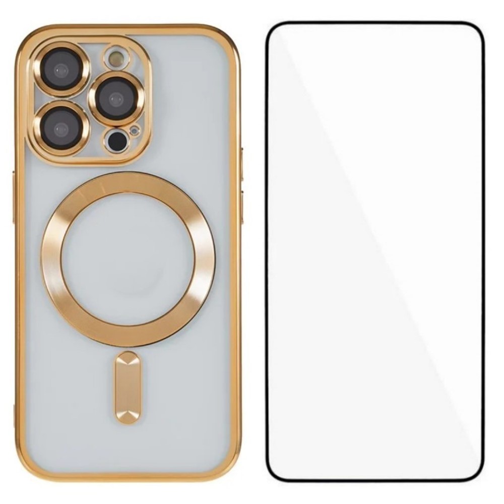 For iPhone 15 Pro Max Magnetic Case WANLONFENG Full Protection Electroplated TPU Cover with Tempered Glass - Gold