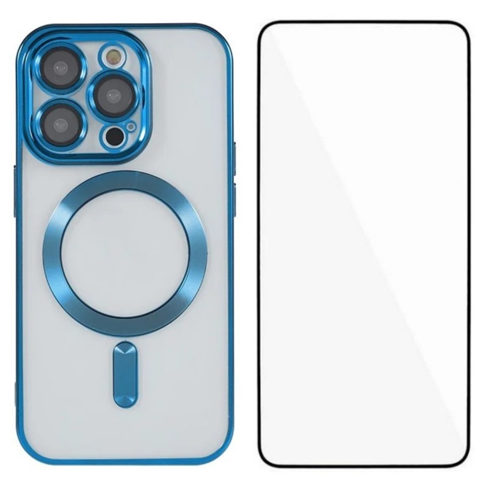 For iPhone 12 Pro Max 6.7 inch Magnetic Case WANLONFENG Full Protection Electroplated TPU Cover with Tempered Glass - Blue