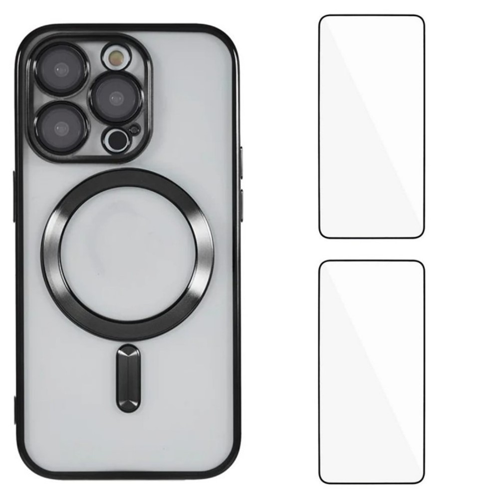 For iPhone 14 Pro Max Magnetic Case WANLONFENG Electroplated TPU Cover with Lens Film + 2Pcs Tempered Glass - Black
