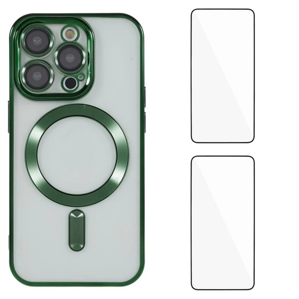 For iPhone 14 Pro Max Magnetic Case WANLONFENG Electroplated TPU Cover with Lens Film + 2Pcs Tempered Glass - Green