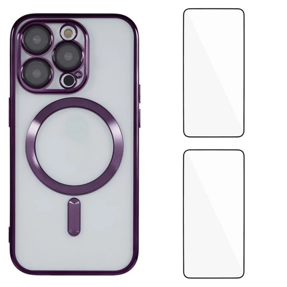 For iPhone 13 Pro Max 6.7 inch Magnetic Case WANLONFENG Electroplated TPU Cover with Lens Film + 2Pcs Tempered Glass - Dark Purple