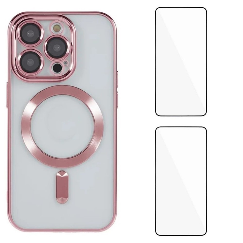 For iPhone 13 Pro Max 6.7 inch Magnetic Case WANLONFENG Electroplated TPU Cover with Lens Film + 2Pcs Tempered Glass - Pink