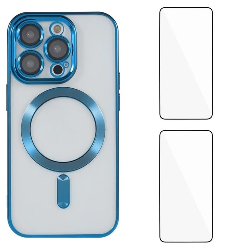 For iPhone 13 Pro Max 6.7 inch Magnetic Case WANLONFENG Electroplated TPU Cover with Lens Film + 2Pcs Tempered Glass - Blue