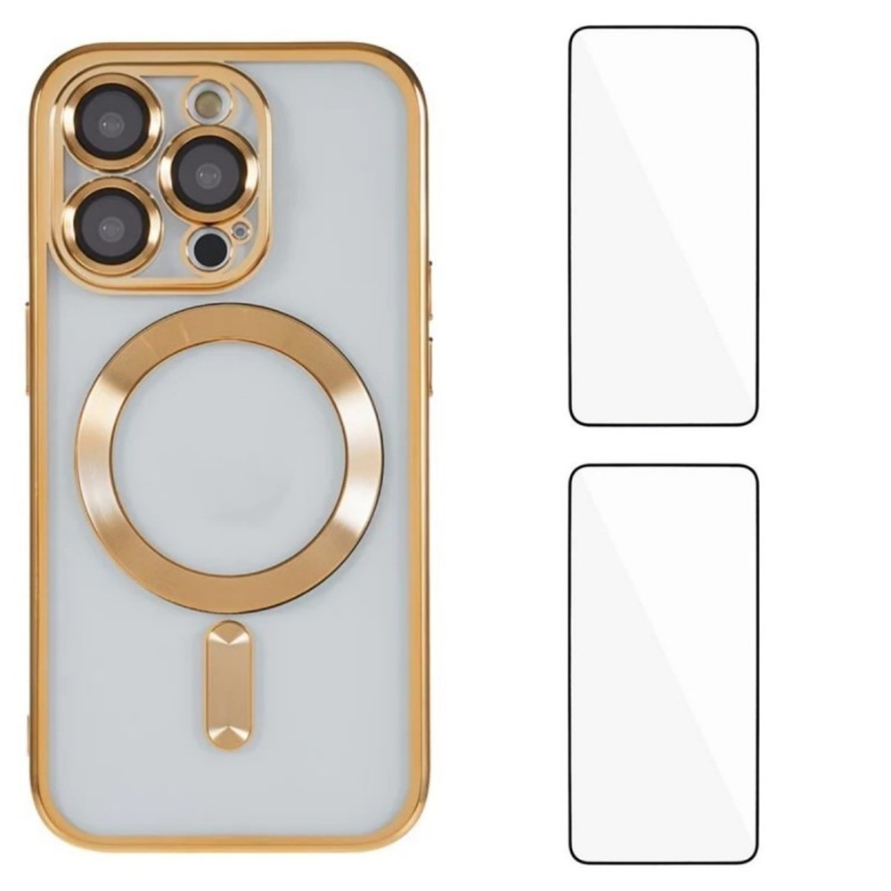 For iPhone 12 Pro 6.1 inch Magnetic Case WANLONFENG Electroplated TPU Cover with Lens Film + 2Pcs Tempered Glass - Gold