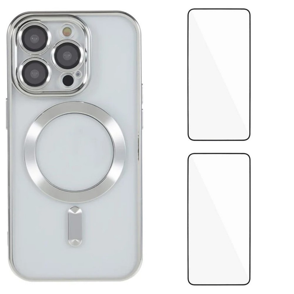 For iPhone 15 Pro Magnetic Case WANLONFENG Electroplated TPU Cover with Lens Film + 2Pcs Tempered Glass - Silver