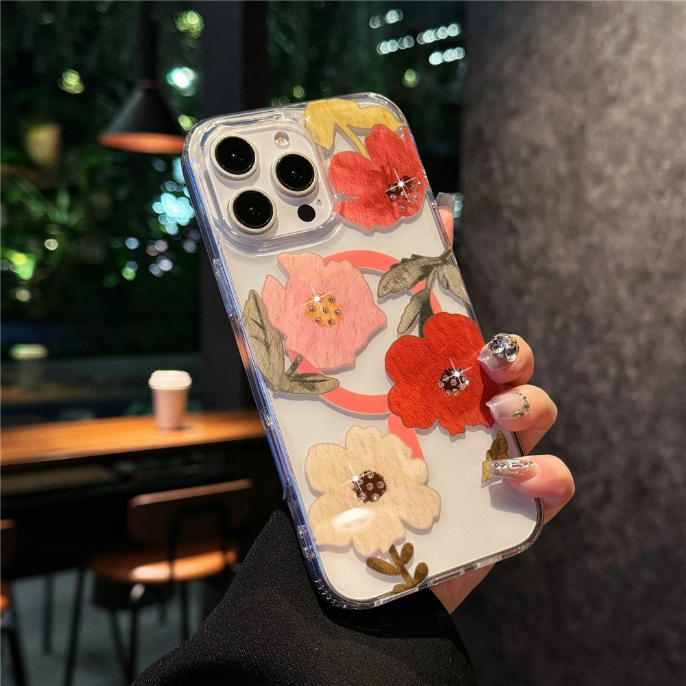 For iPhone 15 Pro Max Case Compatible with MagSafe Laser Flower PC+TPU Clear Phone Cover - Begonia Flowers