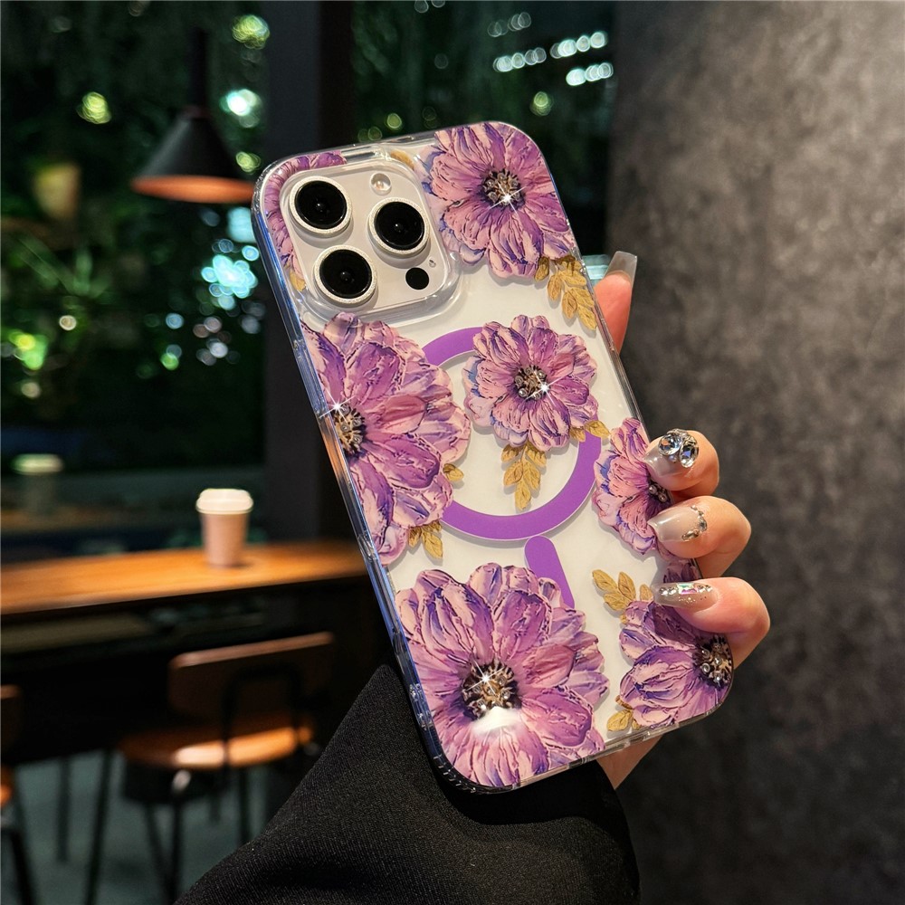 For iPhone 15 Pro Max Case Compatible with MagSafe Laser Flower PC+TPU Clear Phone Cover - Violet