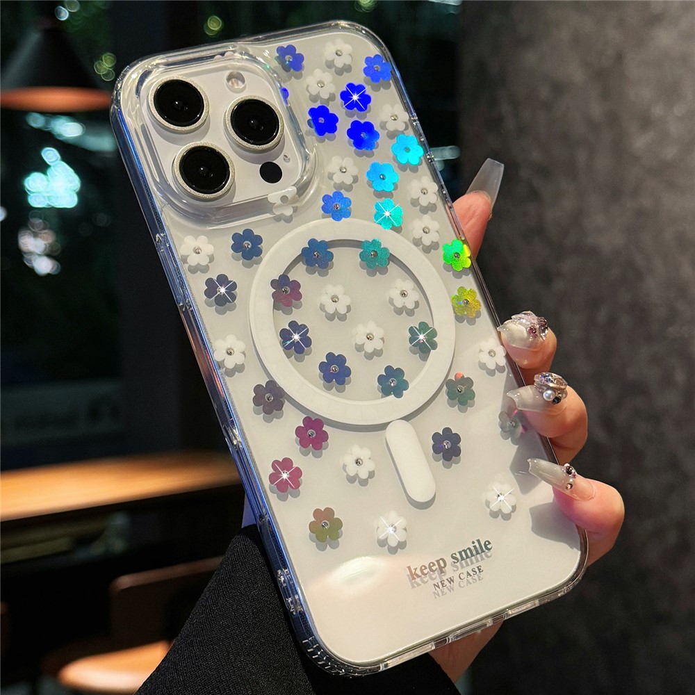 For iPhone 15 Pro Case Compatible with MagSafe Laser Flower PC+TPU Clear Phone Cover - Cream Flowers