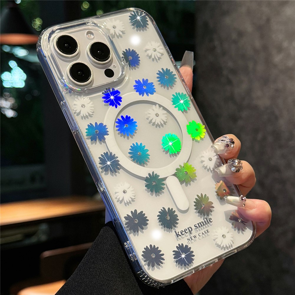 For iPhone 15 Pro Case Compatible with MagSafe Laser Flower PC+TPU Clear Phone Cover - Little Daisies