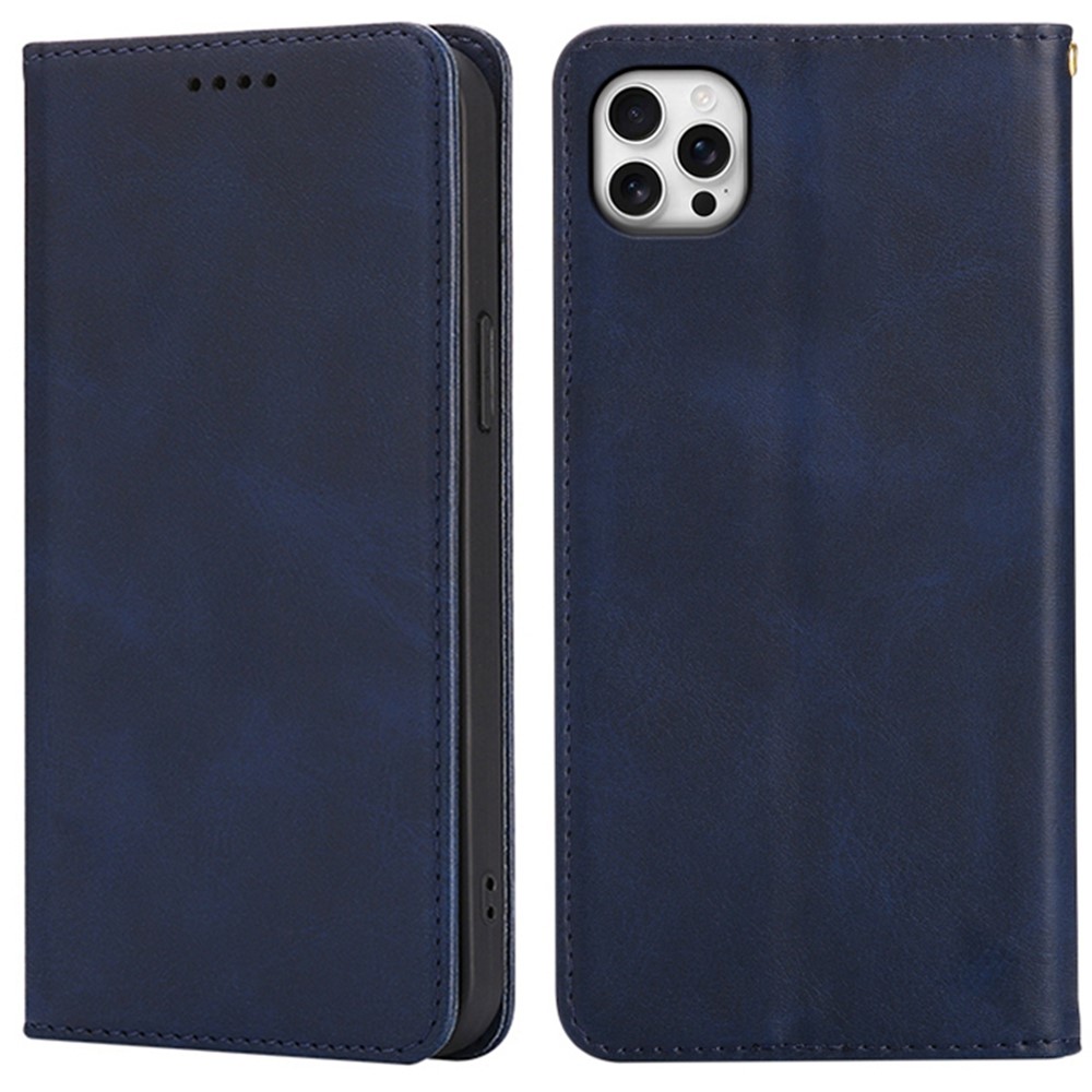 For iPhone 16 Pro Max Case Wallet Calf Texture Leather Phone Cover with Hidden Magnetic Closure - Blue