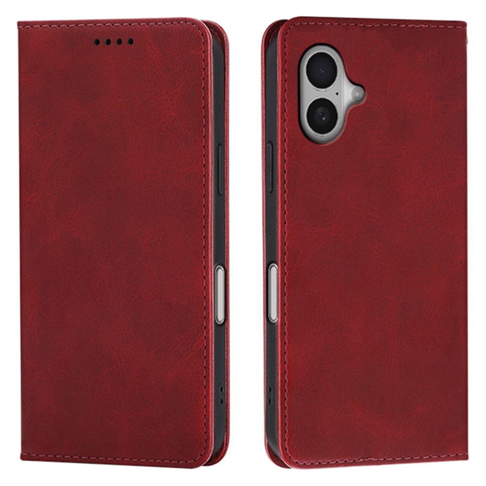 For iPhone 16 Plus Case Wallet Calf Texture Leather Phone Cover with Hidden Magnetic Closure - Red