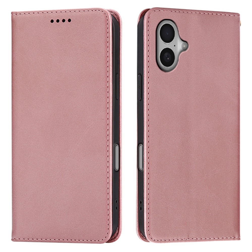 For iPhone 16 Plus Case Wallet Calf Texture Leather Phone Cover with Hidden Magnetic Closure - Rose Gold