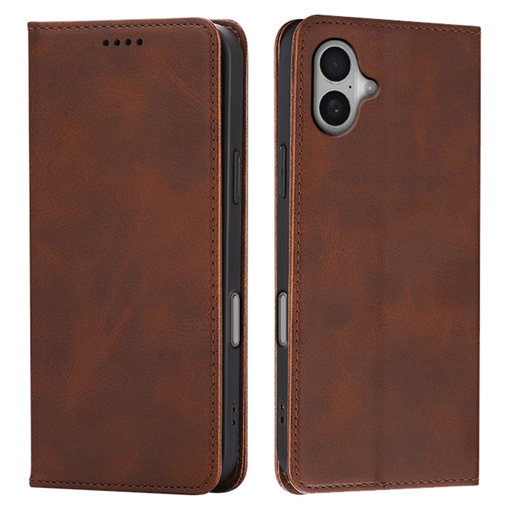 For iPhone 16 Plus Case Wallet Calf Texture Leather Phone Cover with Hidden Magnetic Closure - Brown