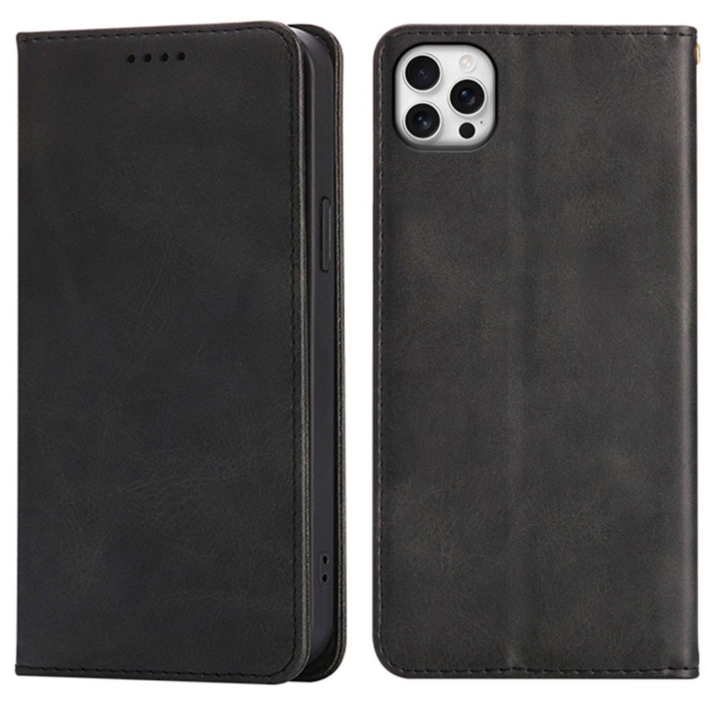 For iPhone 15 Pro Max Case Wallet Calf Texture Leather Phone Cover with Hidden Magnetic Closure - Black