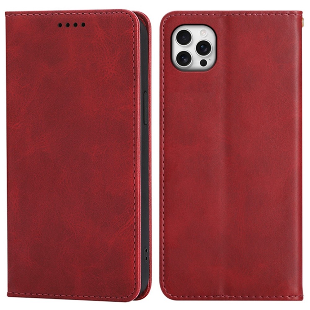 For iPhone 15 Pro Case Wallet Calf Texture Leather Phone Cover with Hidden Magnetic Closure - Red