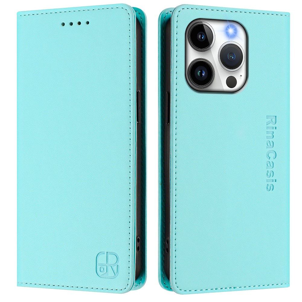 For iPhone 15 Pro Leather Case RINACASIS RC01 Phone Cover with RFID Blocking Wallet Stand - Mint Green