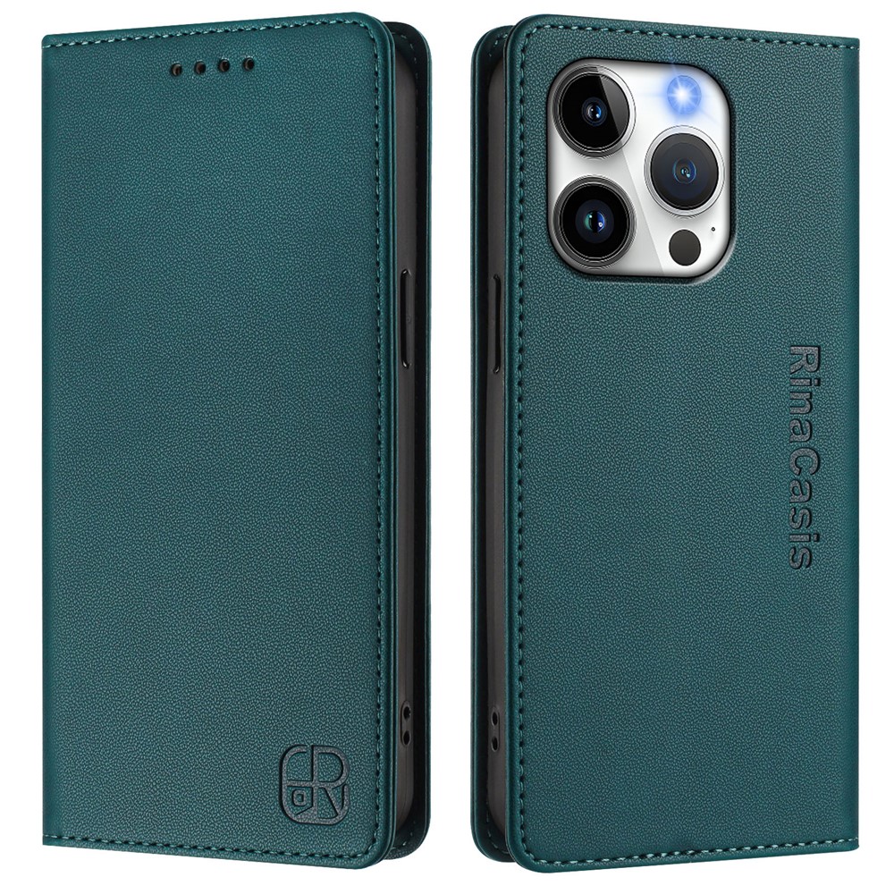 For iPhone 15 Pro Leather Case RINACASIS RC01 Phone Cover with RFID Blocking Wallet Stand - Dark Green