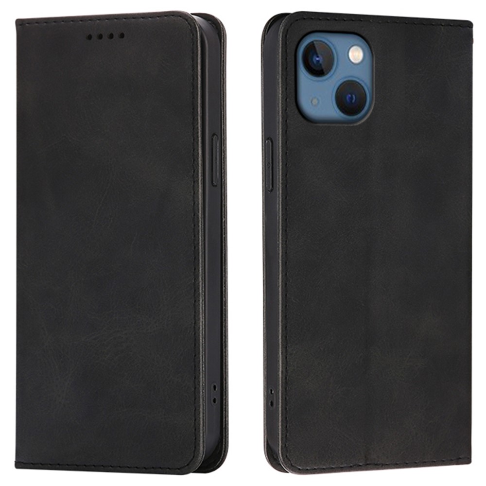 For iPhone 15 Case Wallet Calf Texture Leather Phone Cover with Hidden Magnetic Closure - Black