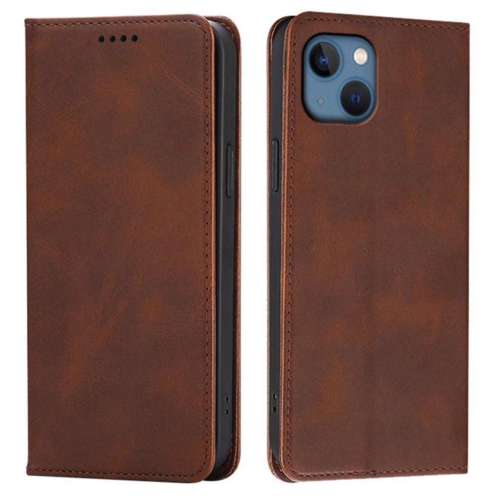 For iPhone 15 Case Wallet Calf Texture Leather Phone Cover with Hidden Magnetic Closure - Brown