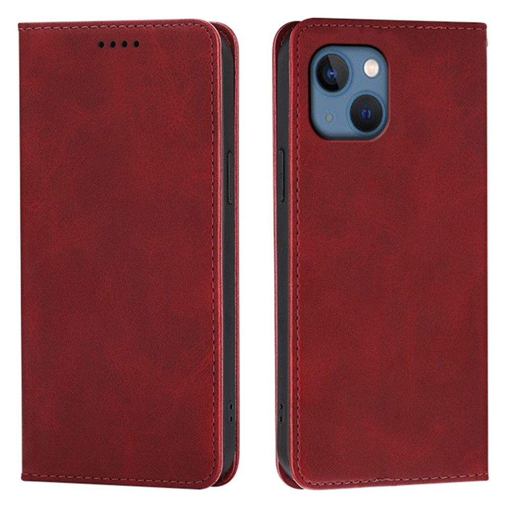For iPhone 15 Case Wallet Calf Texture Leather Phone Cover with Hidden Magnetic Closure - Red