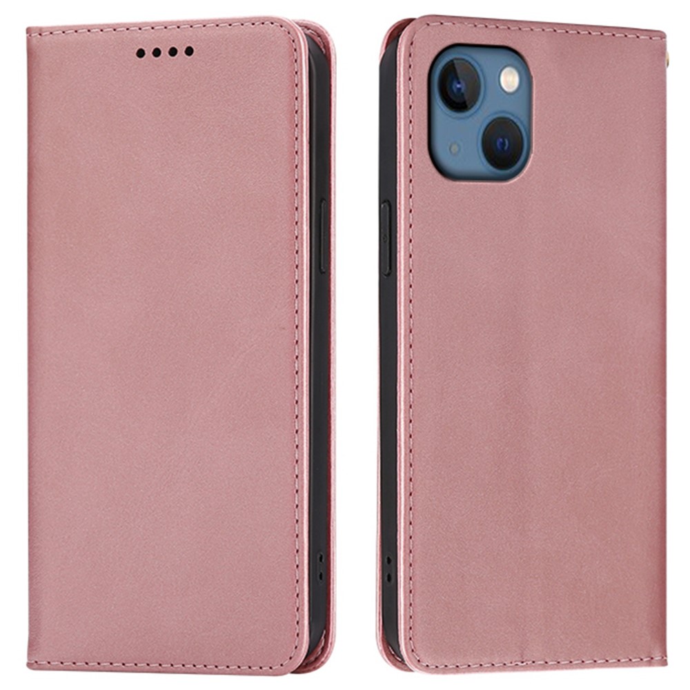 For iPhone 15 Case Wallet Calf Texture Leather Phone Cover with Hidden Magnetic Closure - Rose Gold