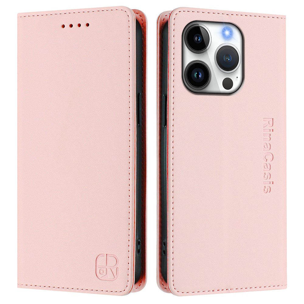 For iPhone 16 Pro Leather Case RINACASIS RC01 Phone Cover with RFID Blocking Wallet Stand - Pink