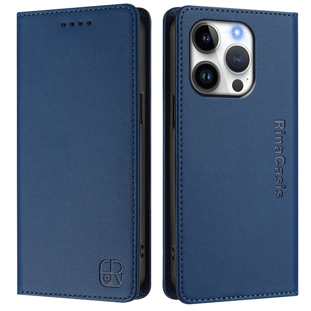 For iPhone 16 Pro Leather Case RINACASIS RC01 Phone Cover with RFID Blocking Wallet Stand - Dark Blue