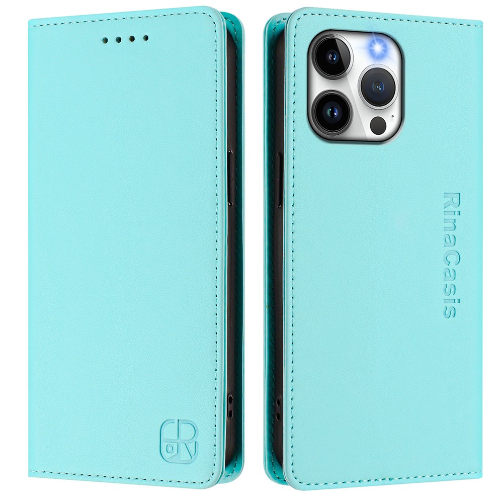 For iPhone 15 Pro Max Leather Case RINACASIS RC01 Phone Cover with RFID Blocking Wallet Stand - Mint Green