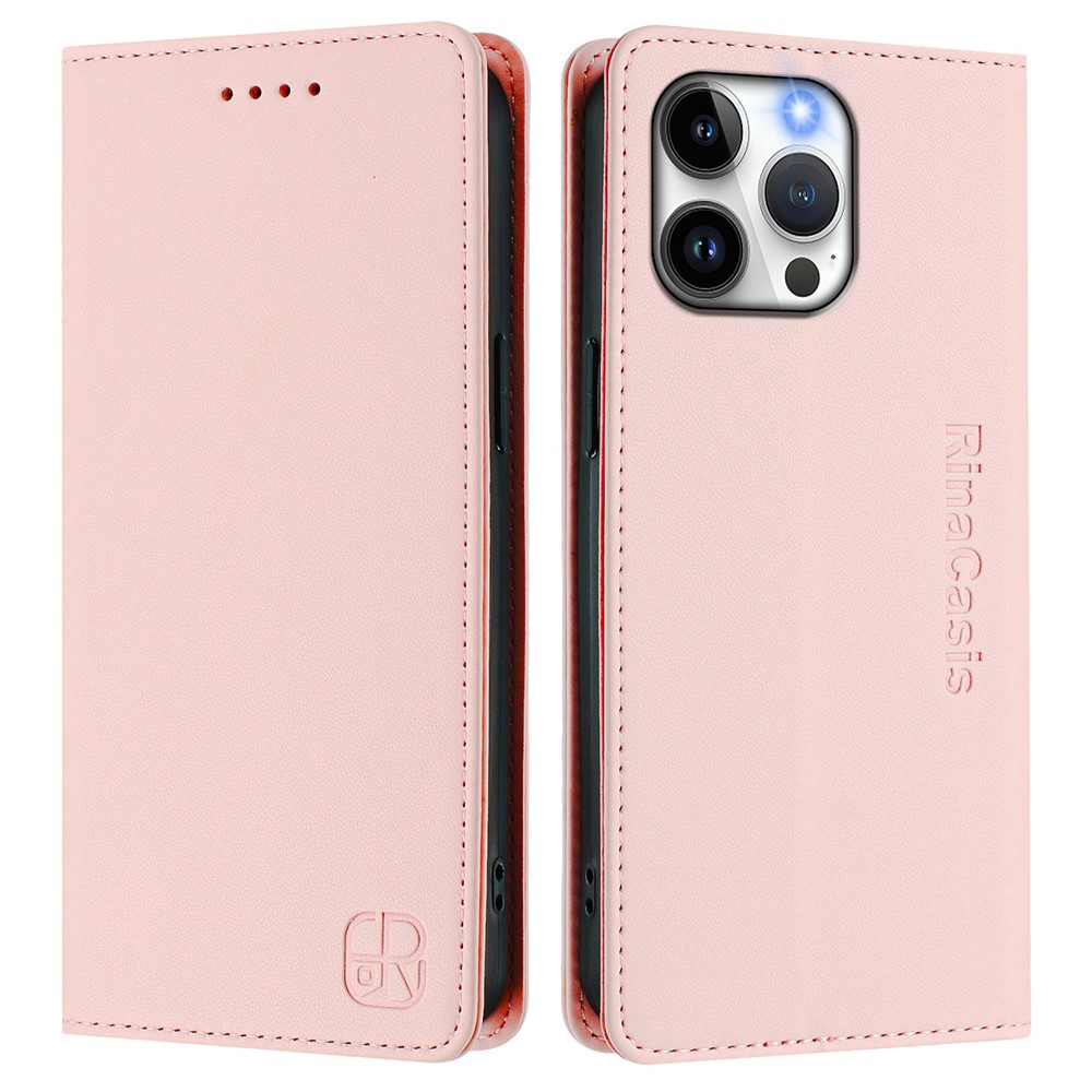 For iPhone 15 Pro Max Leather Case RINACASIS RC01 Phone Cover with RFID Blocking Wallet Stand - Pink
