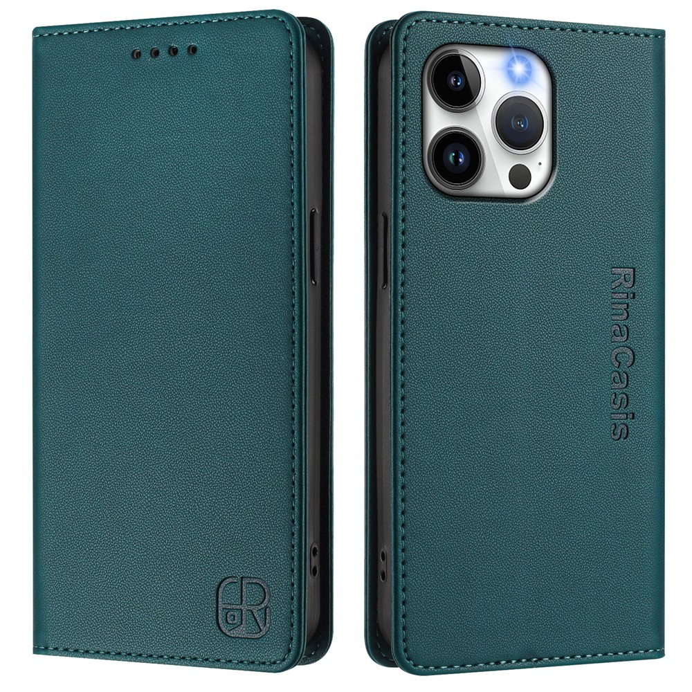 For iPhone 15 Pro Max Leather Case RINACASIS RC01 Phone Cover with RFID Blocking Wallet Stand - Dark Green