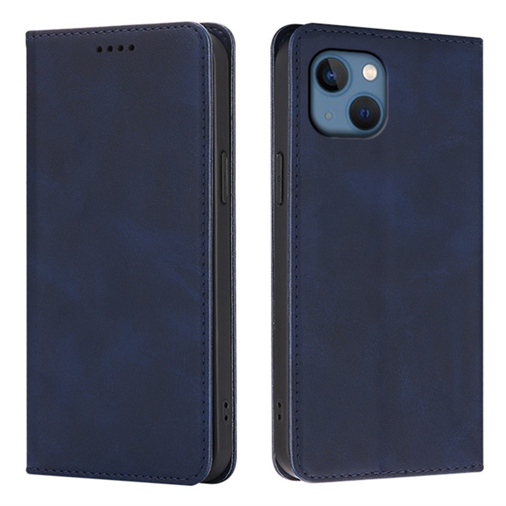 For iPhone 14 Case Wallet Calf Texture Leather Phone Cover with Hidden Magnetic Closure - Blue