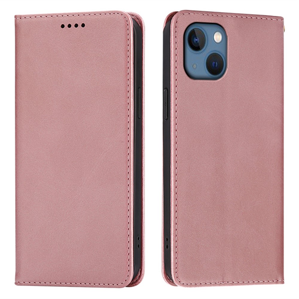 For iPhone 14 Case Wallet Calf Texture Leather Phone Cover with Hidden Magnetic Closure - Rose Gold