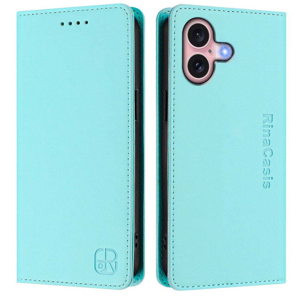 For iPhone 16 Leather Case RINACASIS RC01 Phone Cover with RFID Blocking Wallet Stand - Mint Green