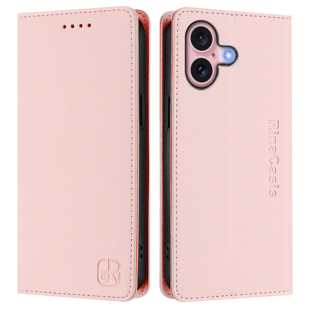 For iPhone 16 Leather Case RINACASIS RC01 Phone Cover with RFID Blocking Wallet Stand - Pink