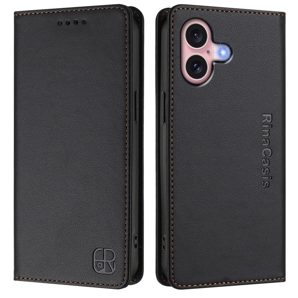 For iPhone 16 Leather Case RINACASIS RC01 Phone Cover with RFID Blocking Wallet Stand - Black