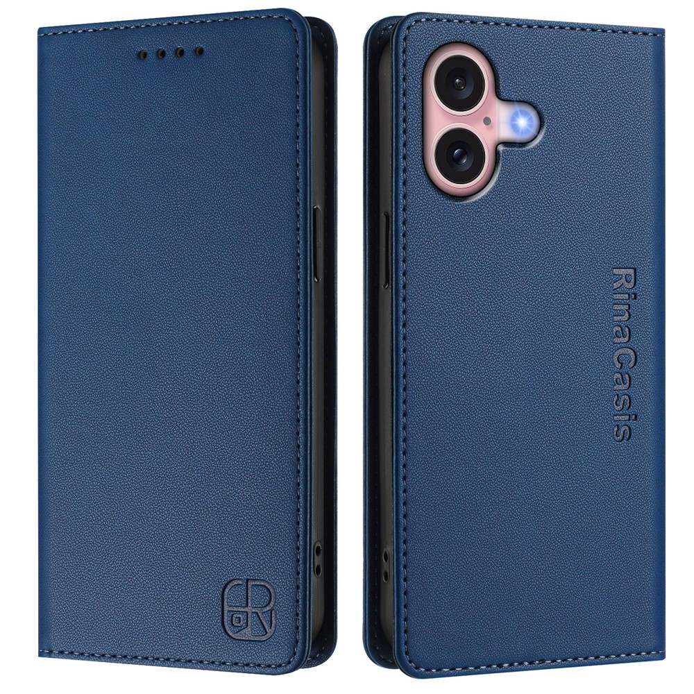 For iPhone 16 Leather Case RINACASIS RC01 Phone Cover with RFID Blocking Wallet Stand - Dark Blue