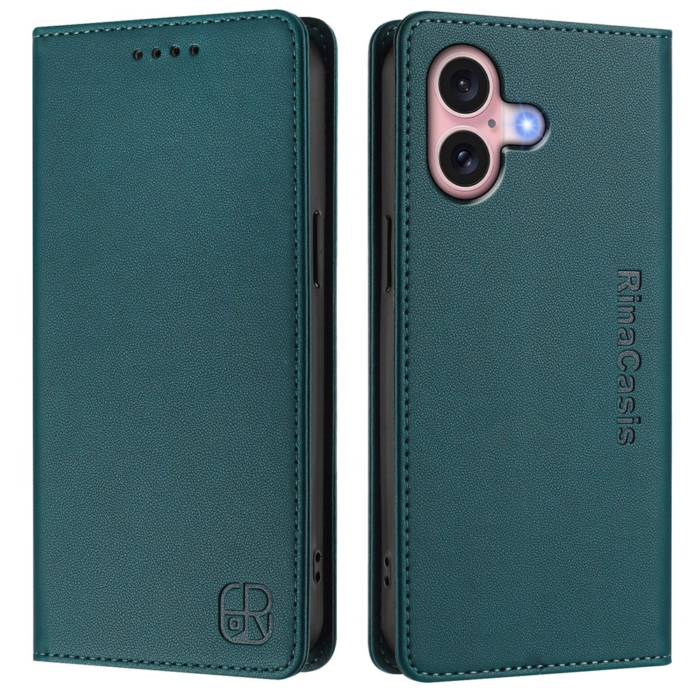 For iPhone 16 Leather Case RINACASIS RC01 Phone Cover with RFID Blocking Wallet Stand - Dark Green