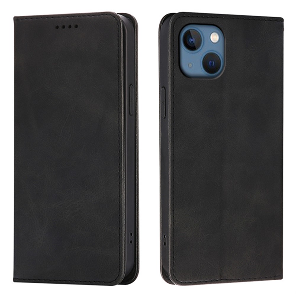 For iPhone 13 Case Wallet Calf Texture Leather Phone Cover with Hidden Magnetic Closure - Black