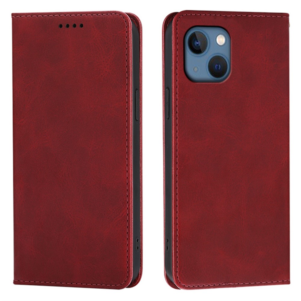 For iPhone 13 Case Wallet Calf Texture Leather Phone Cover with Hidden Magnetic Closure - Red
